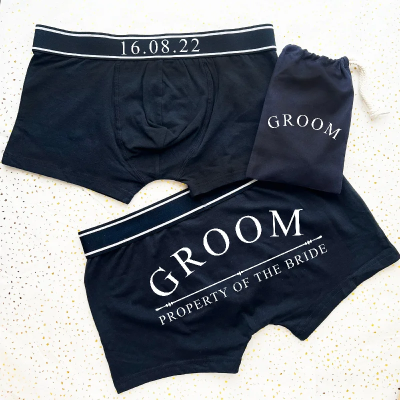 Personalised Date Property of The Bride Back Print on Bottom Boxers