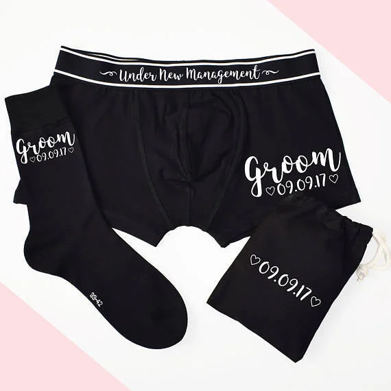 Groom's Wedding Date, Under New Management Personalised Boxers and Socks Set