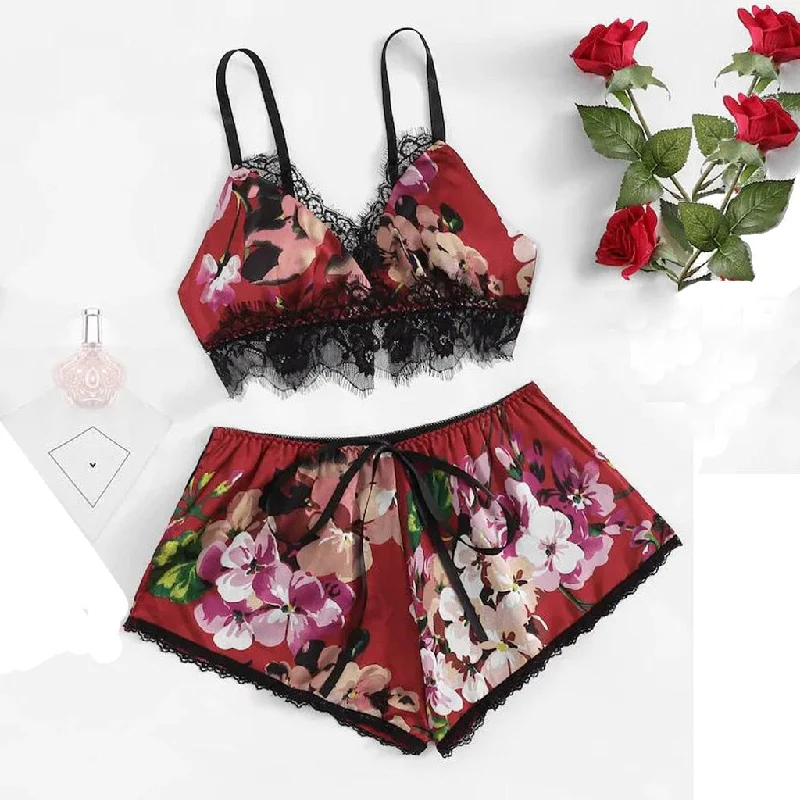 Satin Floral Bow Lingerie Cami set