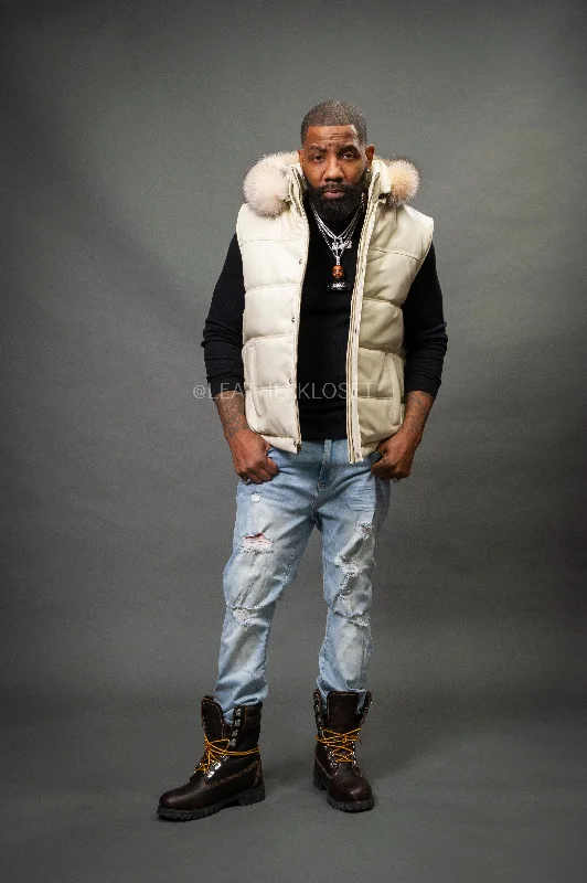 Men's Leather Bubble Vest With Fox Fur Hood [Beige]