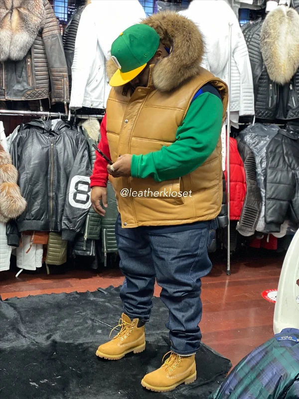 Men's Leather Bubble Vest Wheat With Premium Raccoon Hood