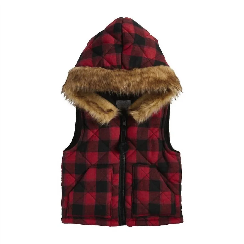 Girl's Buffalo Check Hooded Vest In Red