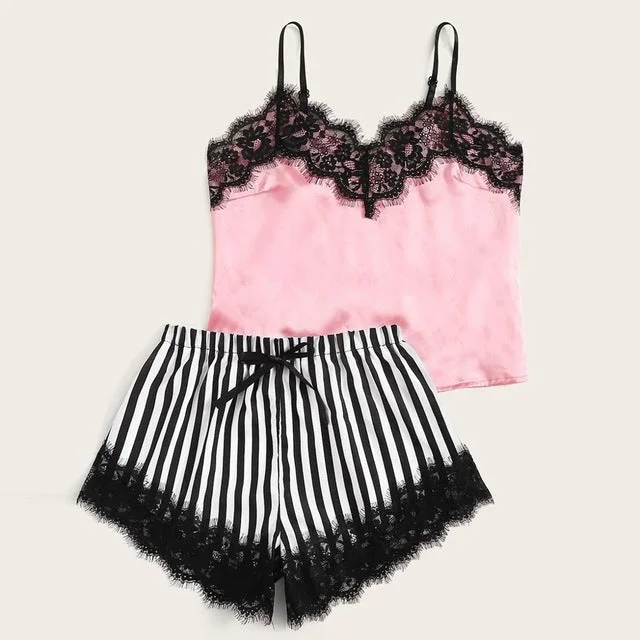 Love Pink Spaghetti Lace Satin Cami Set