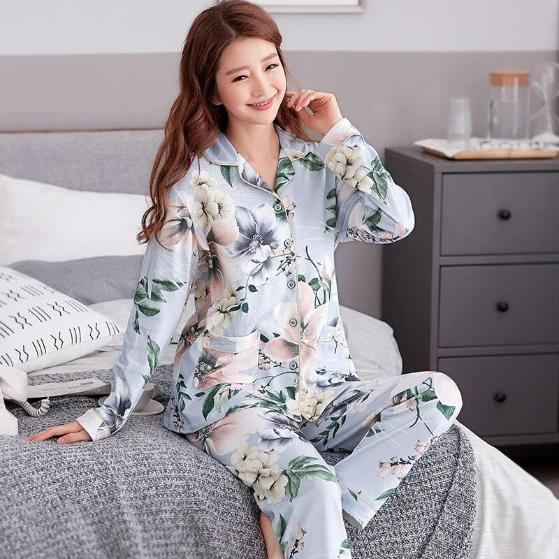 Plus Size Women Sleepwear Pajamas Set Spring Autumn Flower Long Sleeve Soft Cotton Pijama Casual Homewear Female Pyjamas