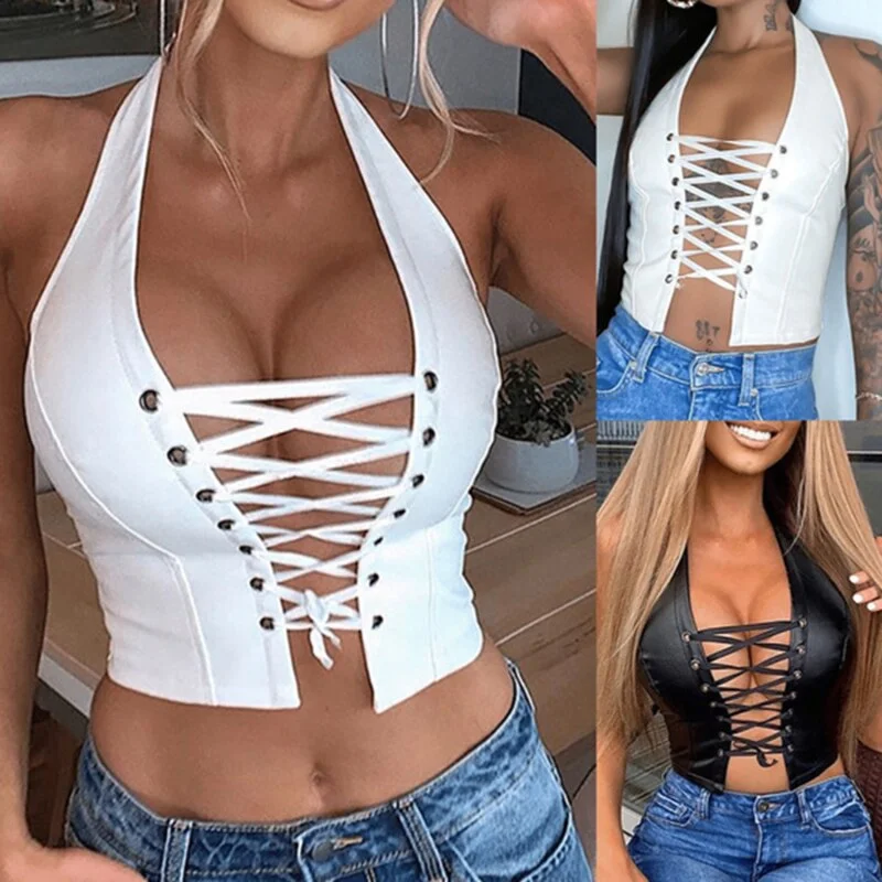 Punk Style Sexy Hollow Out Leather Camisole Women Bandage Crop Tops Club Party Night Wear Black Vest High Quality Female