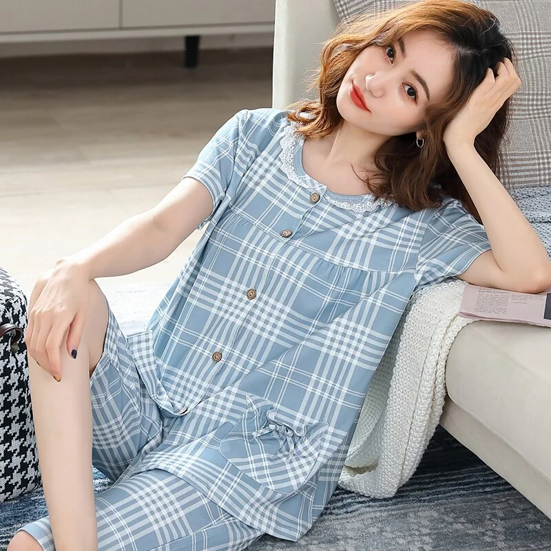 M-4XL Cotton Women Pajamas Sets Plaid Print Girls Sleepwear Women's Pijamas Suit Home Clothes Larger Pyjama Femme