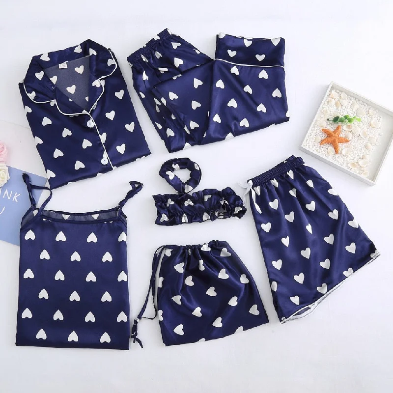 7pcs Satin heart print Pajamas Set