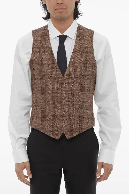 Corneliani Cc Collection Plaid Check Flax Blend Vest