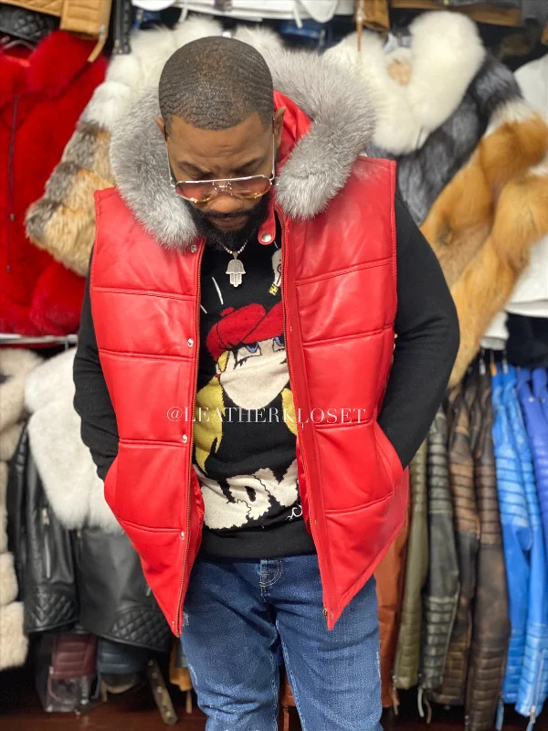 Men's Leather Bubble Vest With Premium Fox Fur Hood