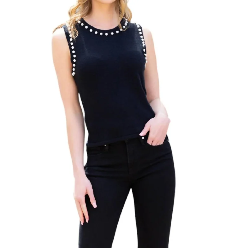 Sleeveless Knit Sweater W/ Faux Pearls In Black