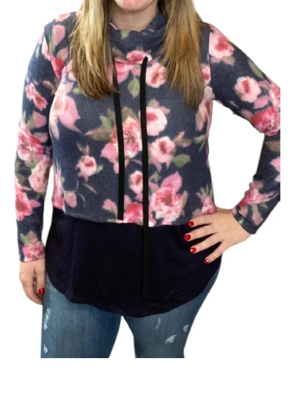 Floral Cowlneck Sweater In Navy/pink