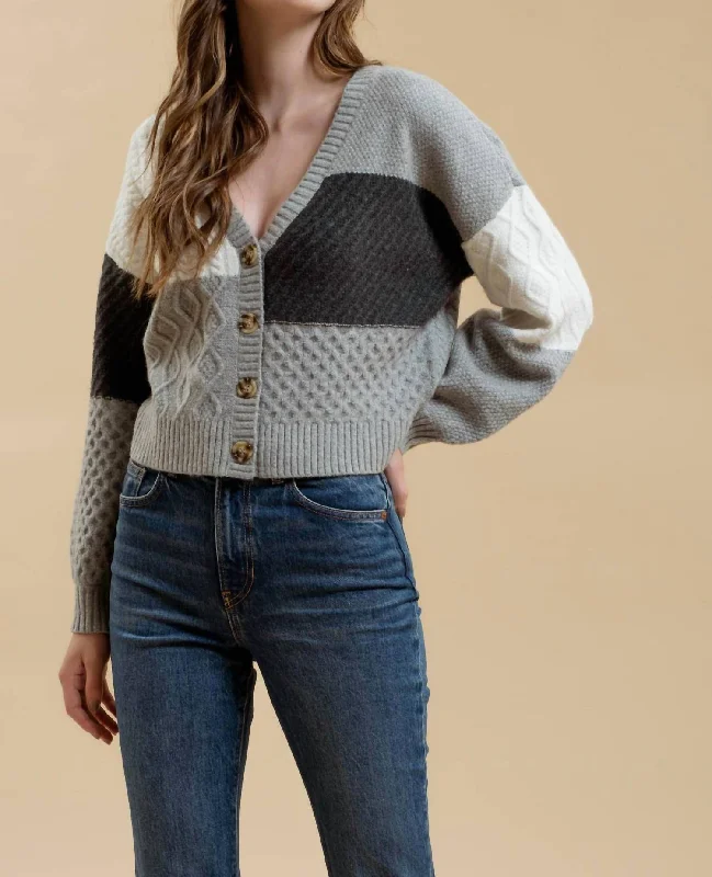 Patchwork Cable Knit Cardigan In Grey Multi