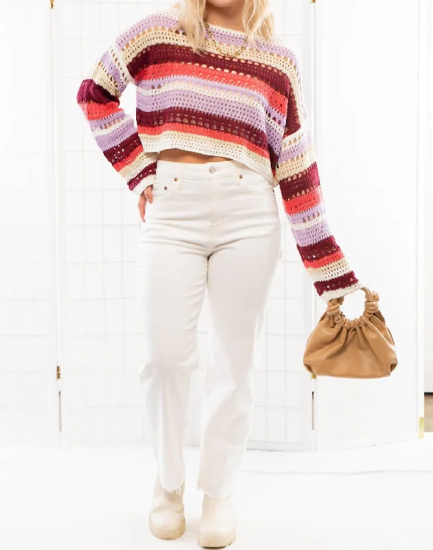 Between The Lines Striped Crochet Sweater In Lavender