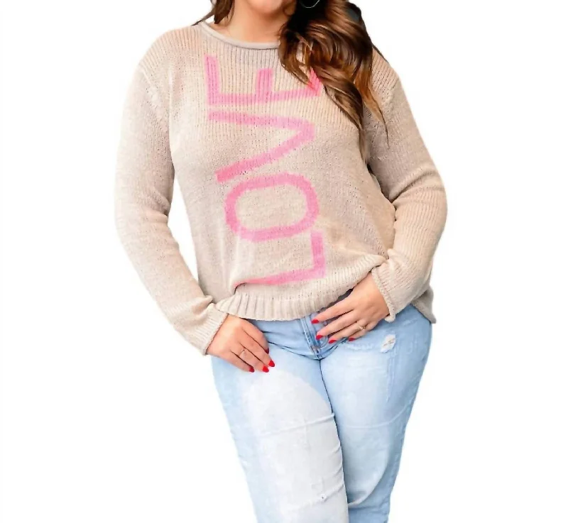 Love Crew Cotton Sweater In Khaki/pretty Pink