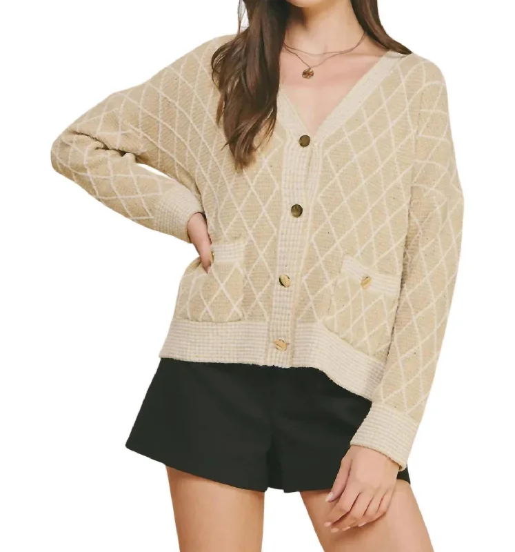 Diamond Pattern Cardigan In Beige