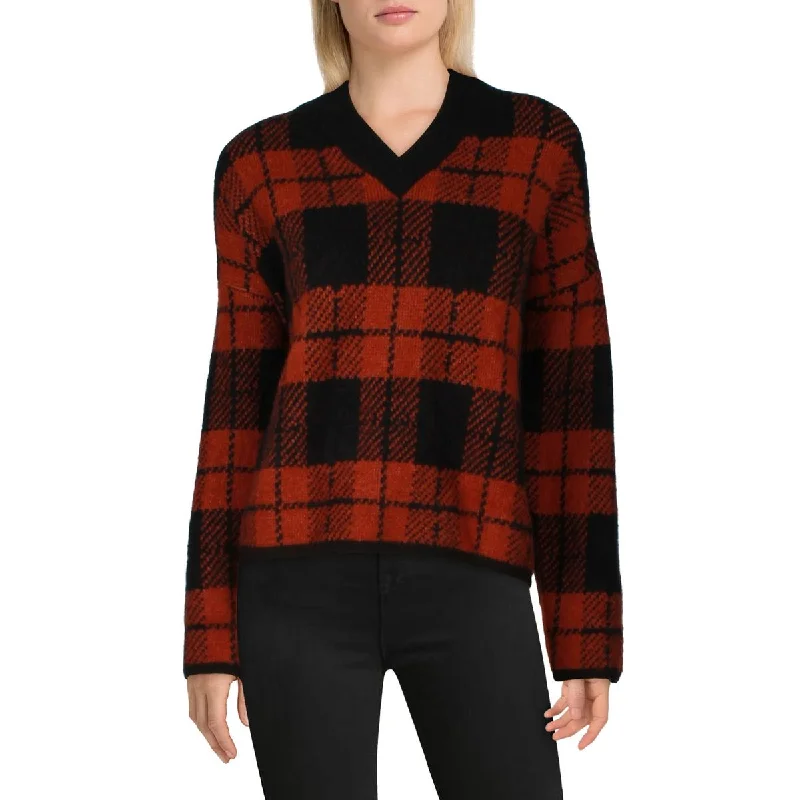 Colleen Womens Wool Blend Plaid V-Neck Sweater