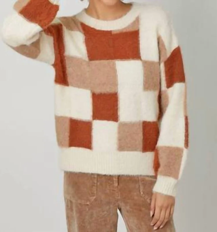 Color Mosaic Pullover Sweater In Rust/ivory