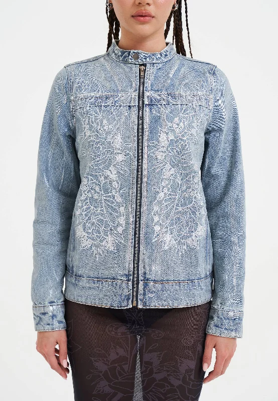 Womens Rose Skull Butterfly Denim Motocross Jacket - Bleach