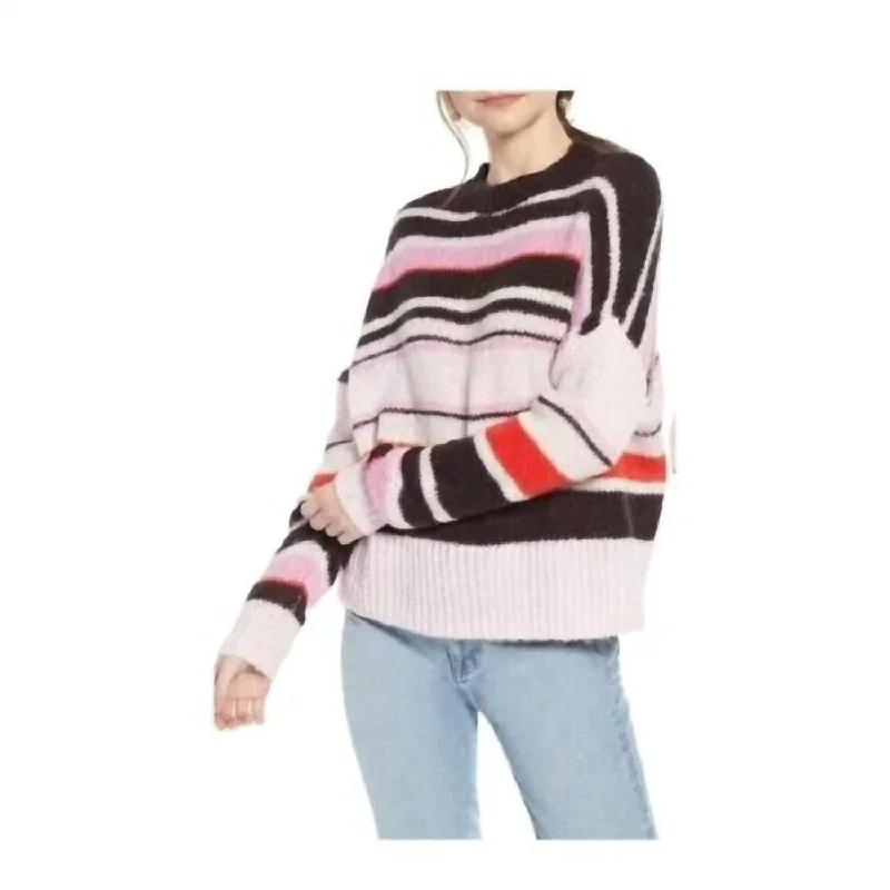 Striped Soft Chunky Pullover Sweater In Navy Pink Soda Multi Stripe