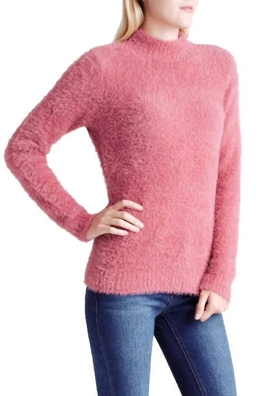 Fur Yarn Long Sleeve Mock Neck Sweater In Pink