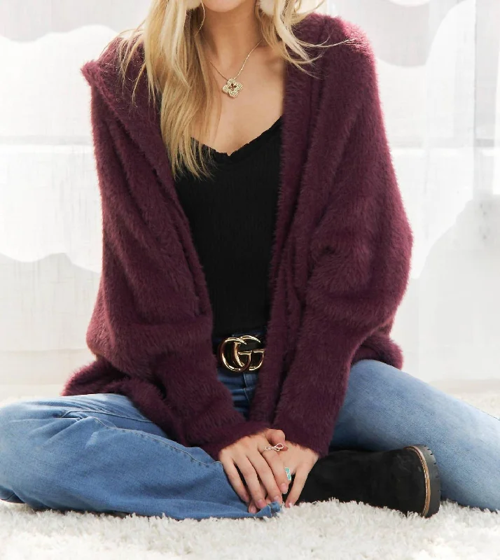 Soft Fuzzy Sweater Hoodie Cardigan In Eggplant