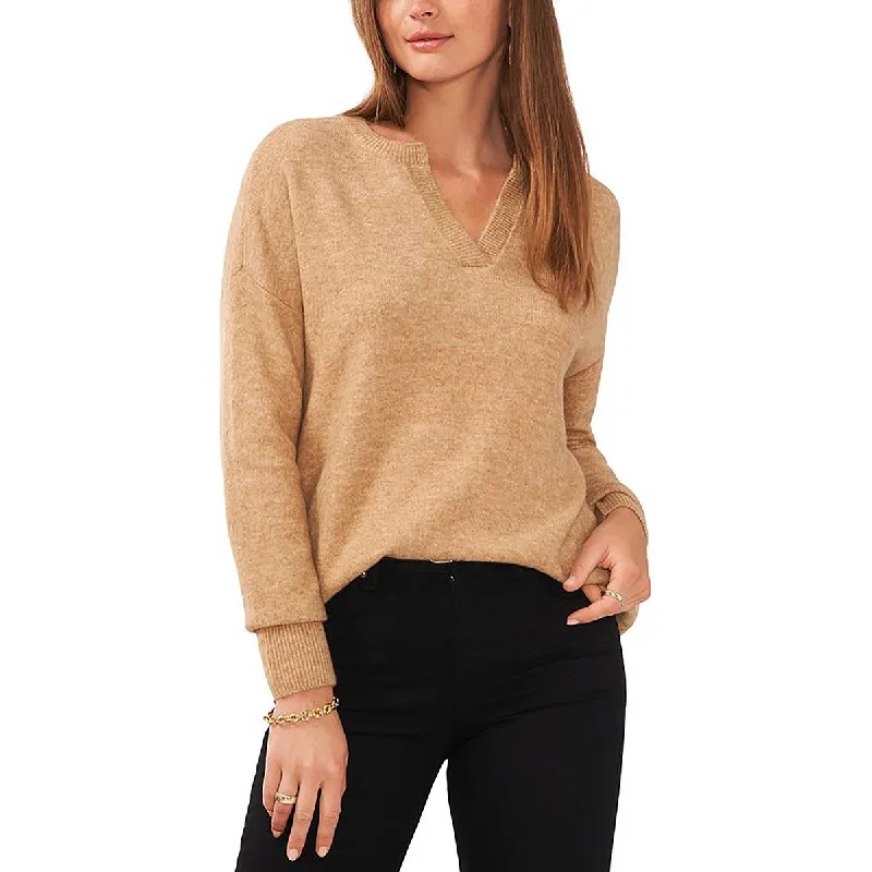 Womens Ribbed Split Neck V-Neck Sweater