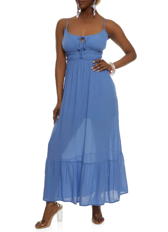 Gauze Knit Tie Front Tiered Maxi Dress