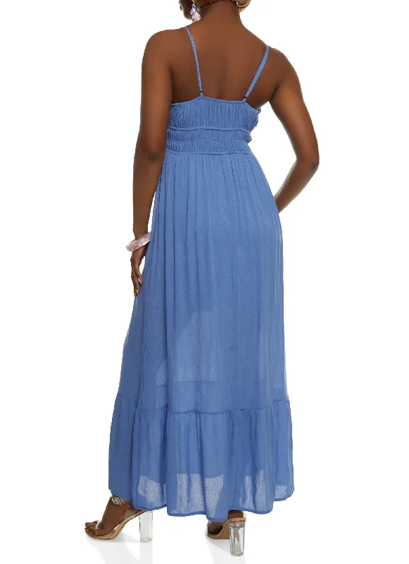 Gauze Knit Tie Front Tiered Maxi Dress