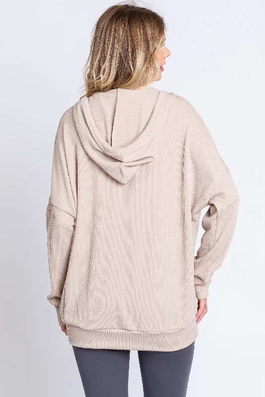 Cream Ribbed Hooded Wrap Long Sleeve Top