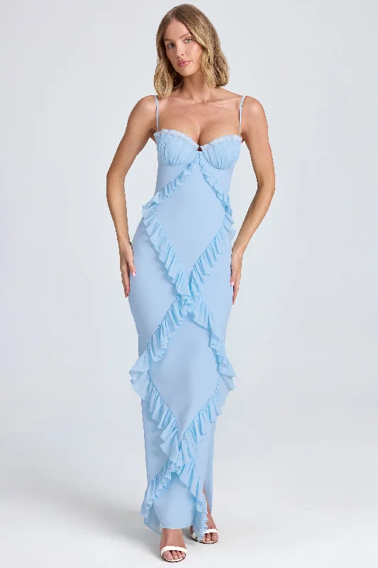 Plissé Ruffle-Trim Maxi Dress in Powder Blue