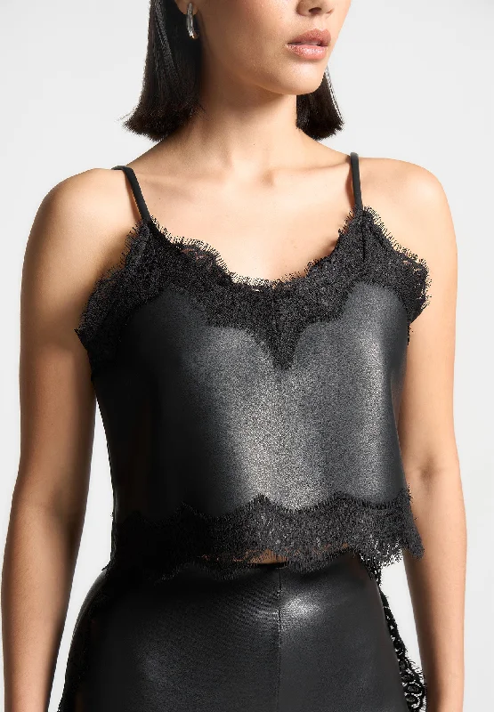 Lace Trim Vegan Leather Camisole Top - Black