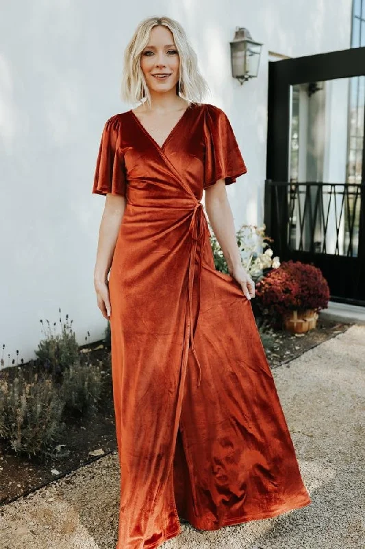 Meghan Velvet Wrap Maxi Dress | Rust