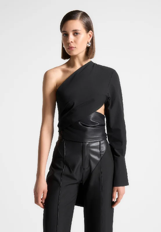 One Sleeve Vegan Leather Wrap Top - Black