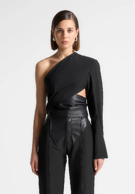 One Sleeve Vegan Leather Wrap Top - Black