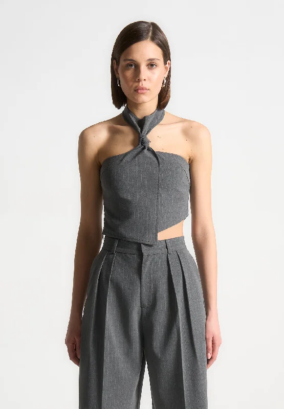 Pinstripe Tie Knot Halter Top - Grey