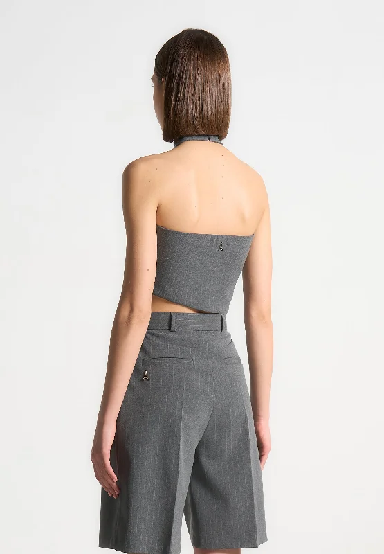 Pinstripe Tie Knot Halter Top - Grey