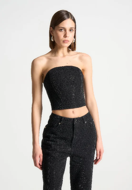 Rhinestone Eiffel Denim Bandeau Corset Top - Black