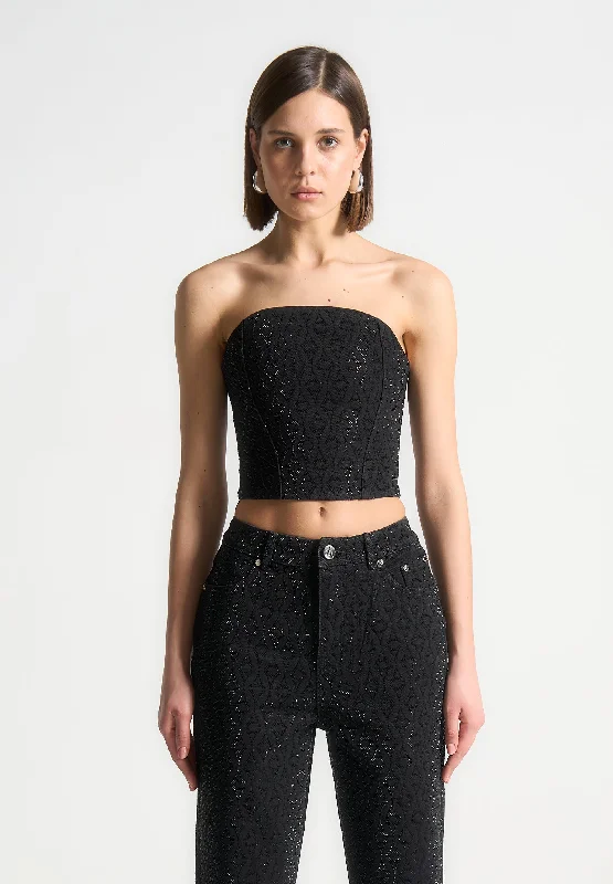 Rhinestone Eiffel Denim Bandeau Corset Top - Black