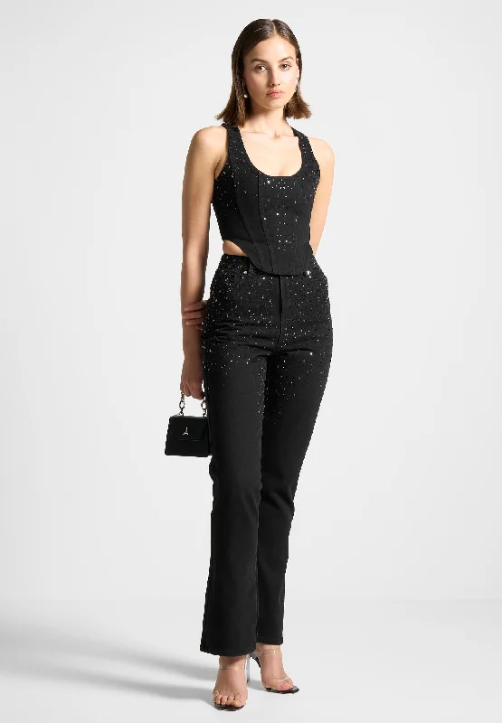 Scattered Rhinestone Denim Corset Top - Black