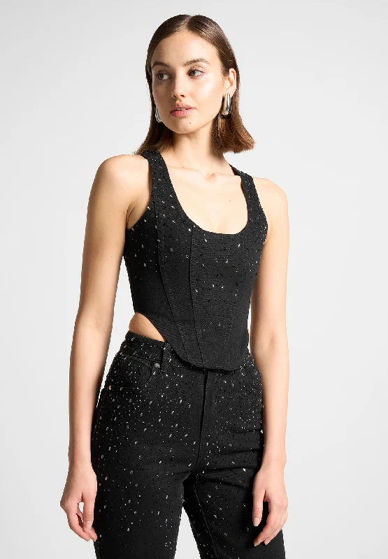 Scattered Rhinestone Denim Corset Top - Black