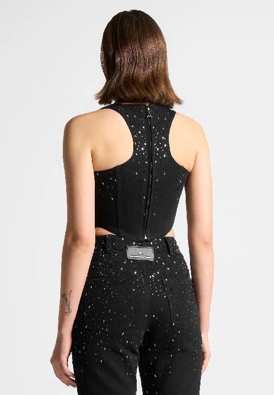 Scattered Rhinestone Denim Corset Top - Black