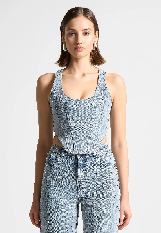 Scattered Rhinestone Denim Corset Top - Mid Blue