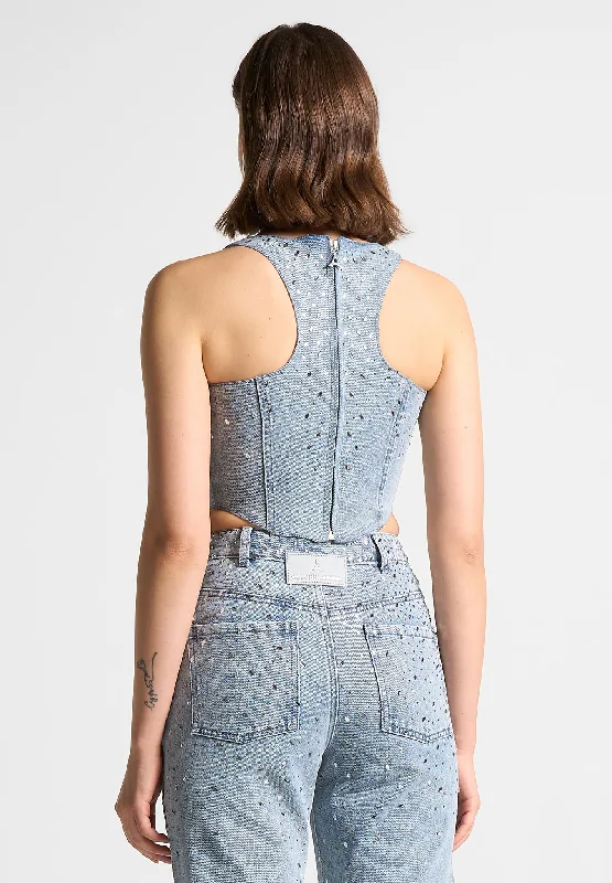 Scattered Rhinestone Denim Corset Top - Mid Blue