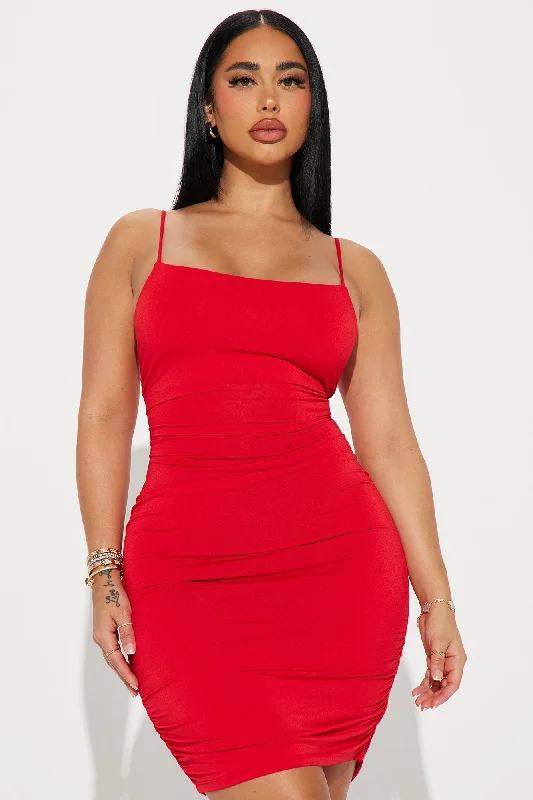 Simple Square Neck Mini Dress - Red