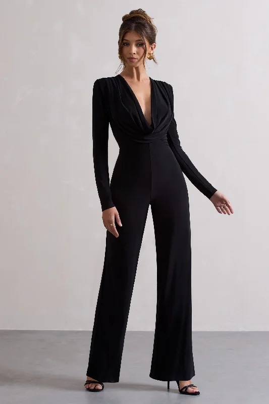 Elisha | Black Plunge-Neck Wide-Leg Jumpsuit