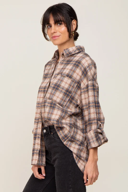 Navy Plaid Button Up Front Pocket Top