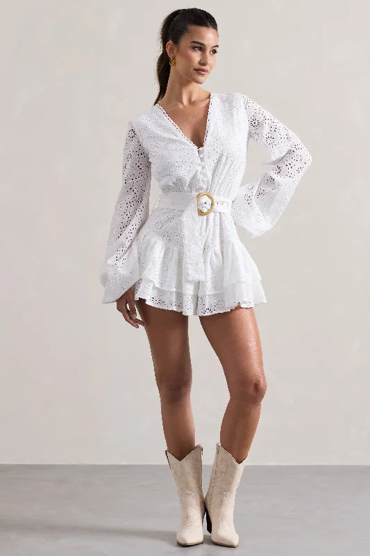 Places To Be | White Broderie Belted Ruffled Playsuit