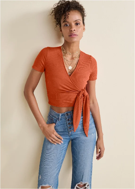 Ribbed wrap crop top - Burnt Orange