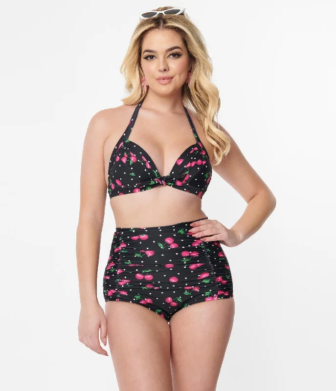 Unique Vintage Black & Hot Pink Cherry Pin Dot Monroe Swim Top