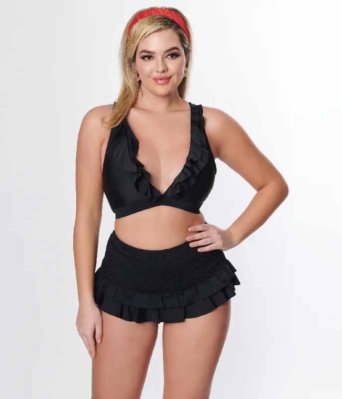 Unique Vintage Black Ruffle Halter Swim Top